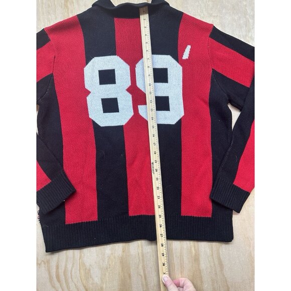 Obey Sweater Mens Large Red Black Polo Pullover Soccer Jersey 89 Stripe Knit - Picture 6 of 7
